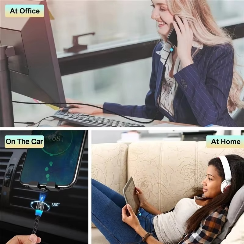 3-in-1 Magnetic Fast Charging Cable | Micro USB, Type-C & iPhone | 360° Rotation | LED | 3A | Nylon Braided | Magnetic Charging Cables For Android & IOS | Charging Cable For Mobile Phone ( Random Color )