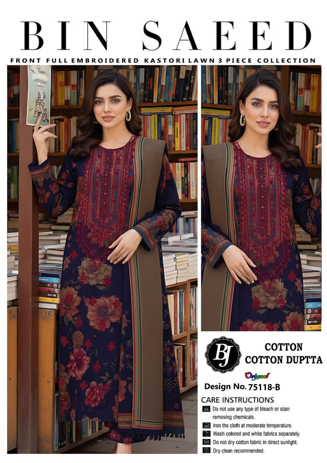 Bin Saeed Unstitched Cotton Suit for Girls & Women – Stylish Printed 3 Pc Set