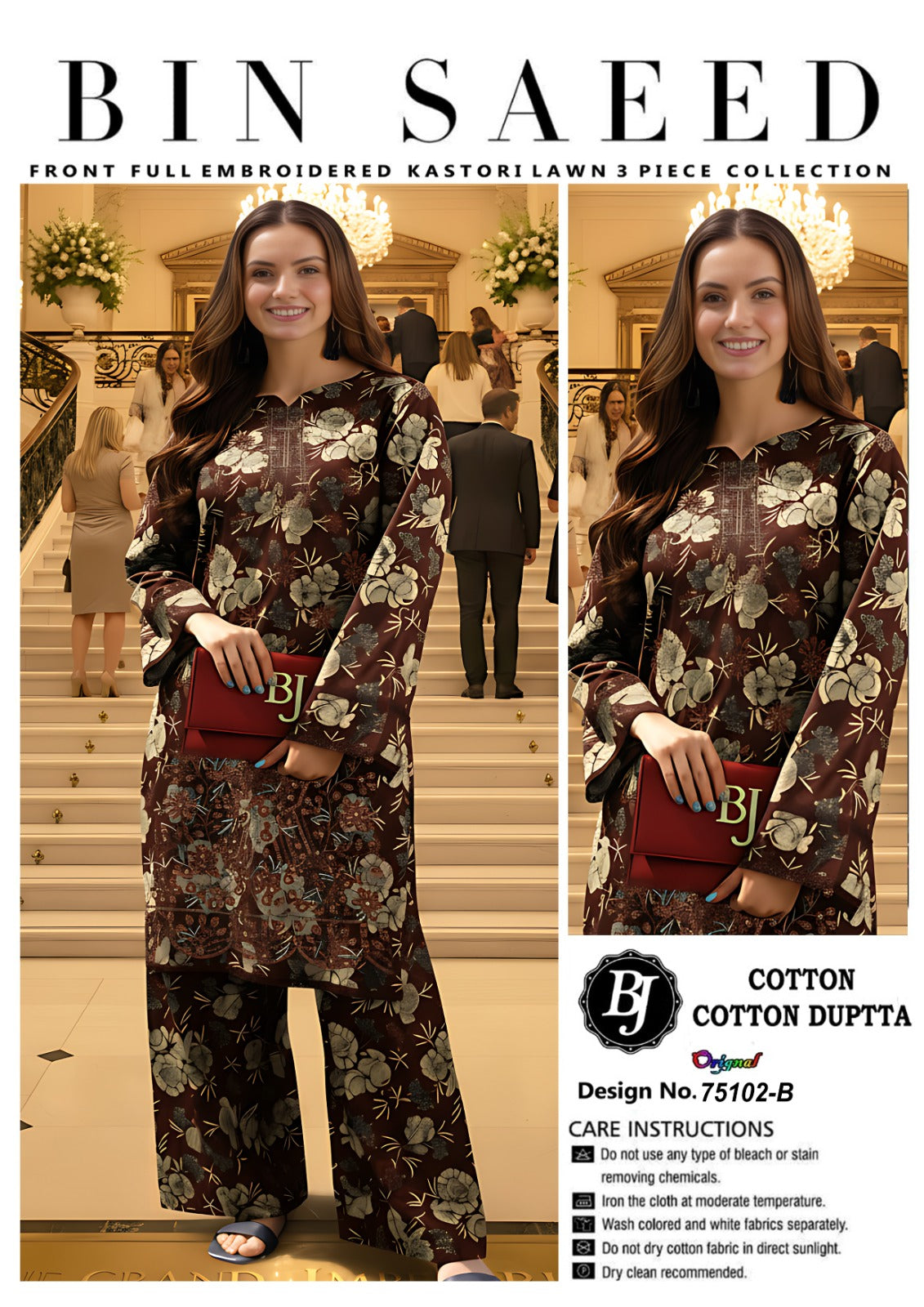 Bin Saeed Unstitched Cotton Suit for Girls & Women – Stylish Printed 3 Pc Set