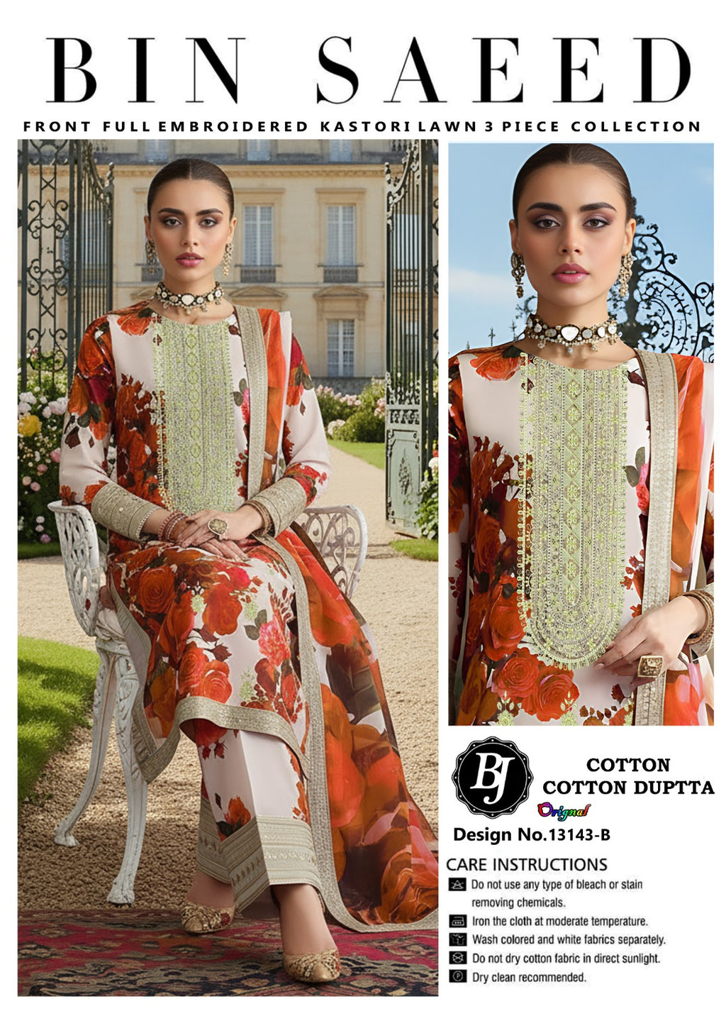 Bin Saeed Unstitched Cotton Suit for Girls & Women – Stylish Printed 3 Pc Set.