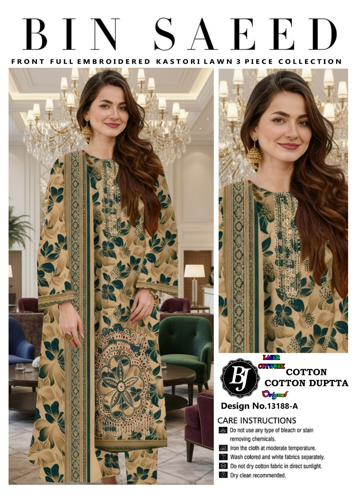 Bin Saeed Unstitched Cotton Suit for Girls & Women – Stylish Printed 3 Pc Set.