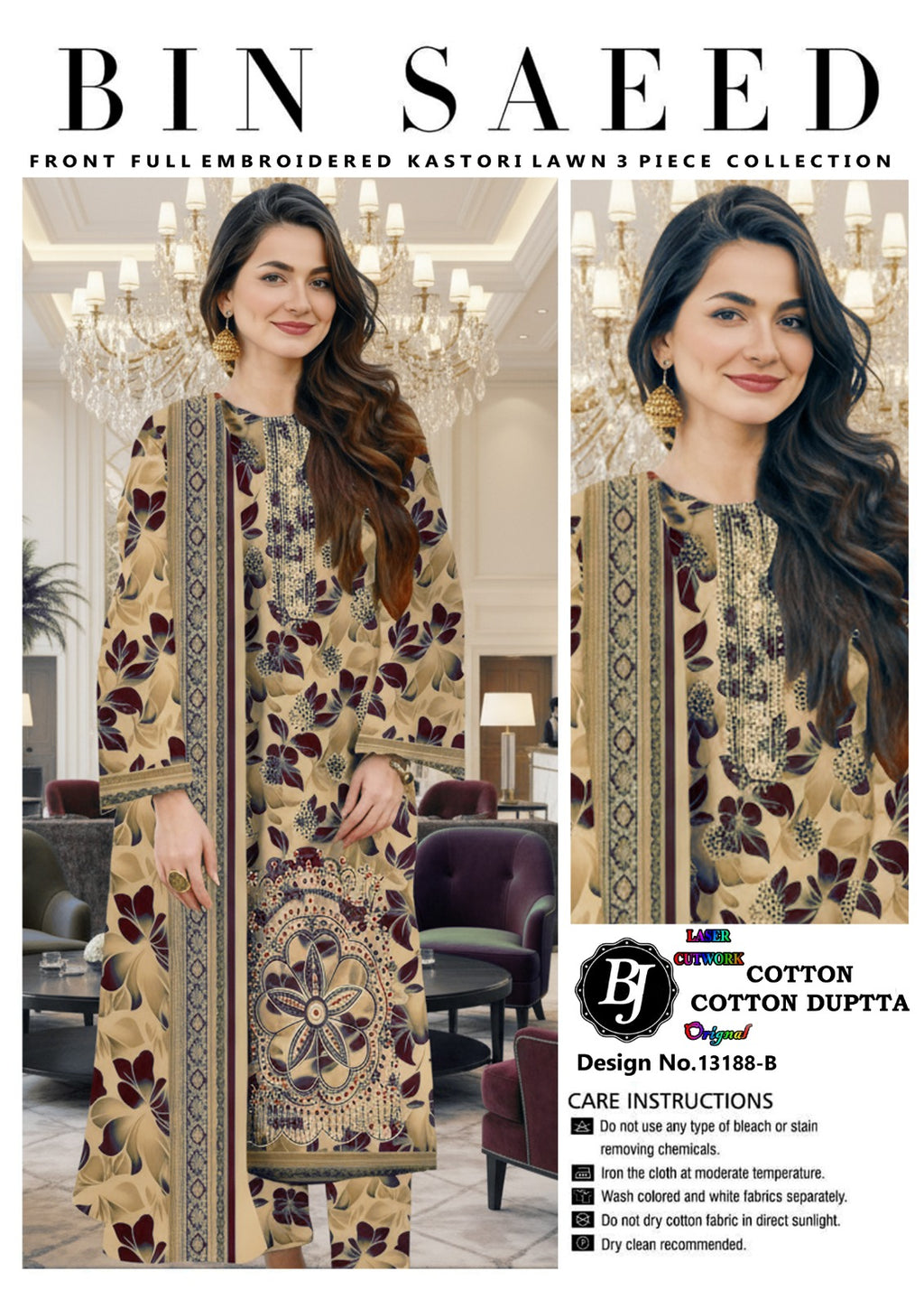 Bin Saeed Unstitched Cotton Suit for Girls & Women – Stylish Printed 3 Pc Set.
