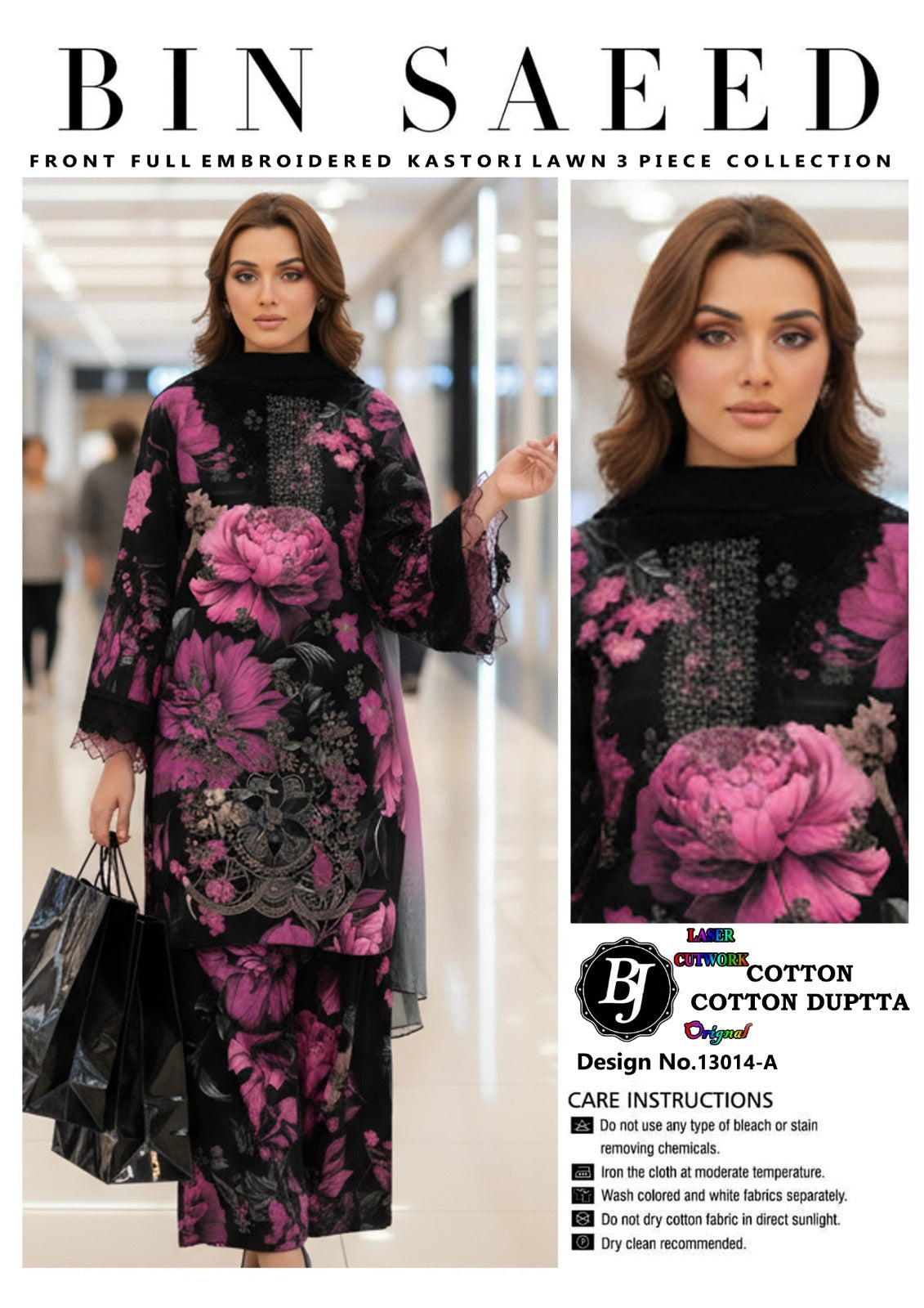 Bin Saeed Unstitched Cotton Suit for Girls & Women – Stylish Printed 3 Pc Set.