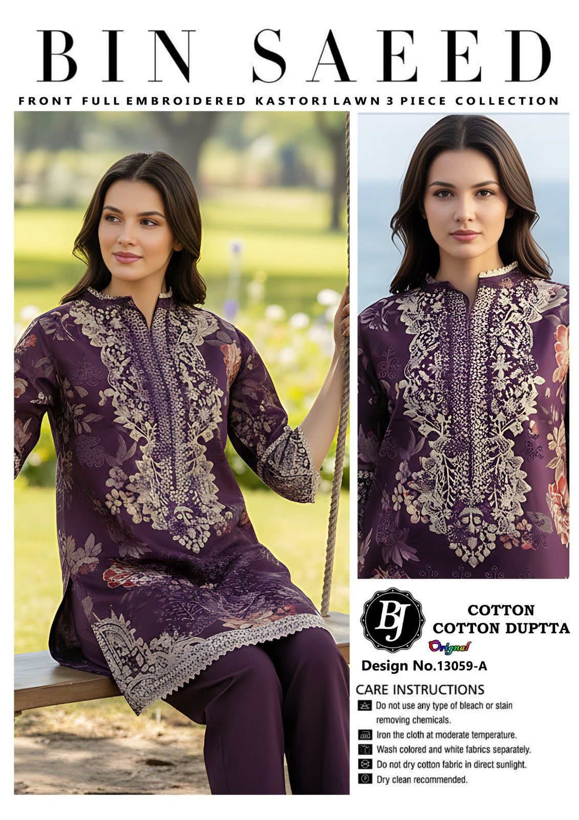 Bin Saeed Unstitched Cotton Suit for Girls & Women – Stylish Printed 3 Pc Set.