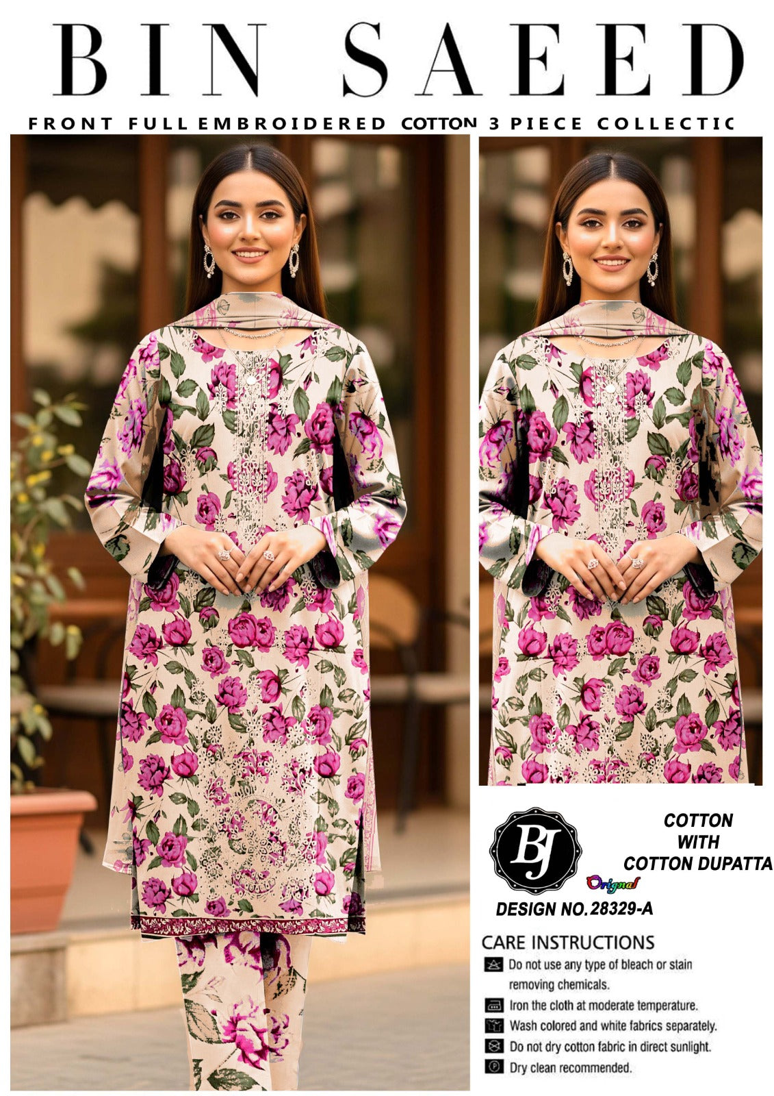 Bin Saeed Unstitched Cotton Suit for Girls & Women – Stylish Printed 3 Pc Set.